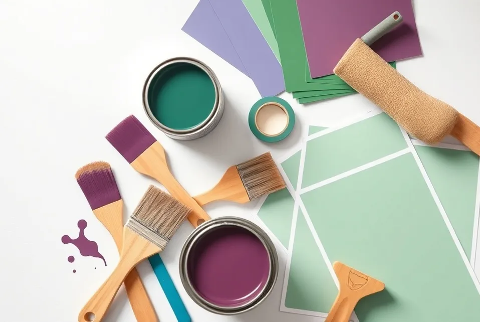 Pots de peinture, nuancier, brosses et rouleaux disposés à plat