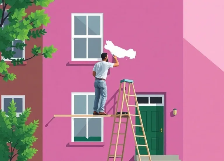 Peintre sur échafaudage traitant la façade d'une maison