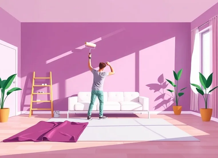 Peintre appliquant la peinture au rouleau sur un mur de salon